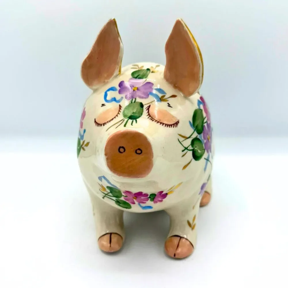 Vintage Floral Ceramic Pig Figurine Statue Country Cottagecore Farmhouse Decor